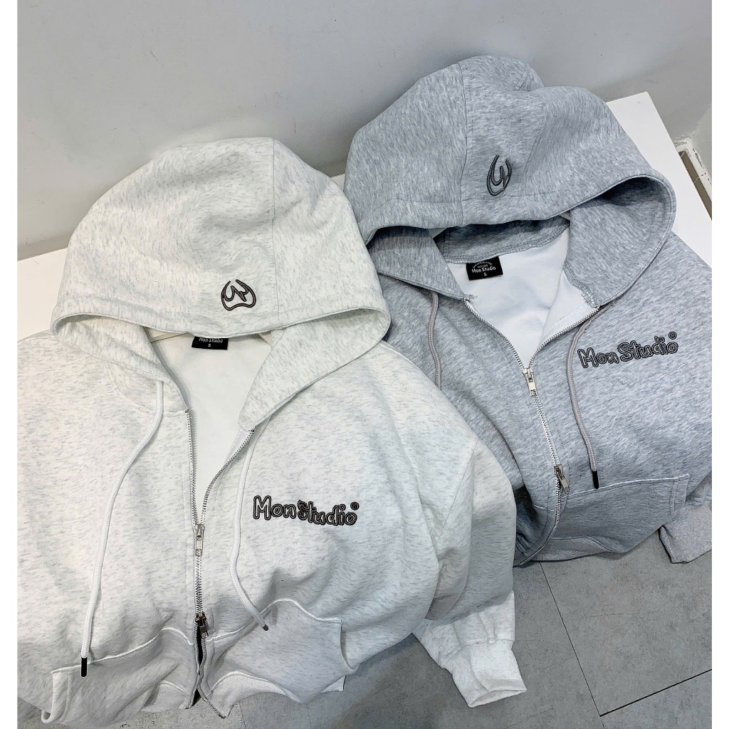 [ NÓN RẤT TO, KHÓA 2 ĐẦU, NỈ ÉP ] Áo Khoác Hoodie Zip Mon Studio Thêu Logo Nón, Form Boxy Unisex Nam