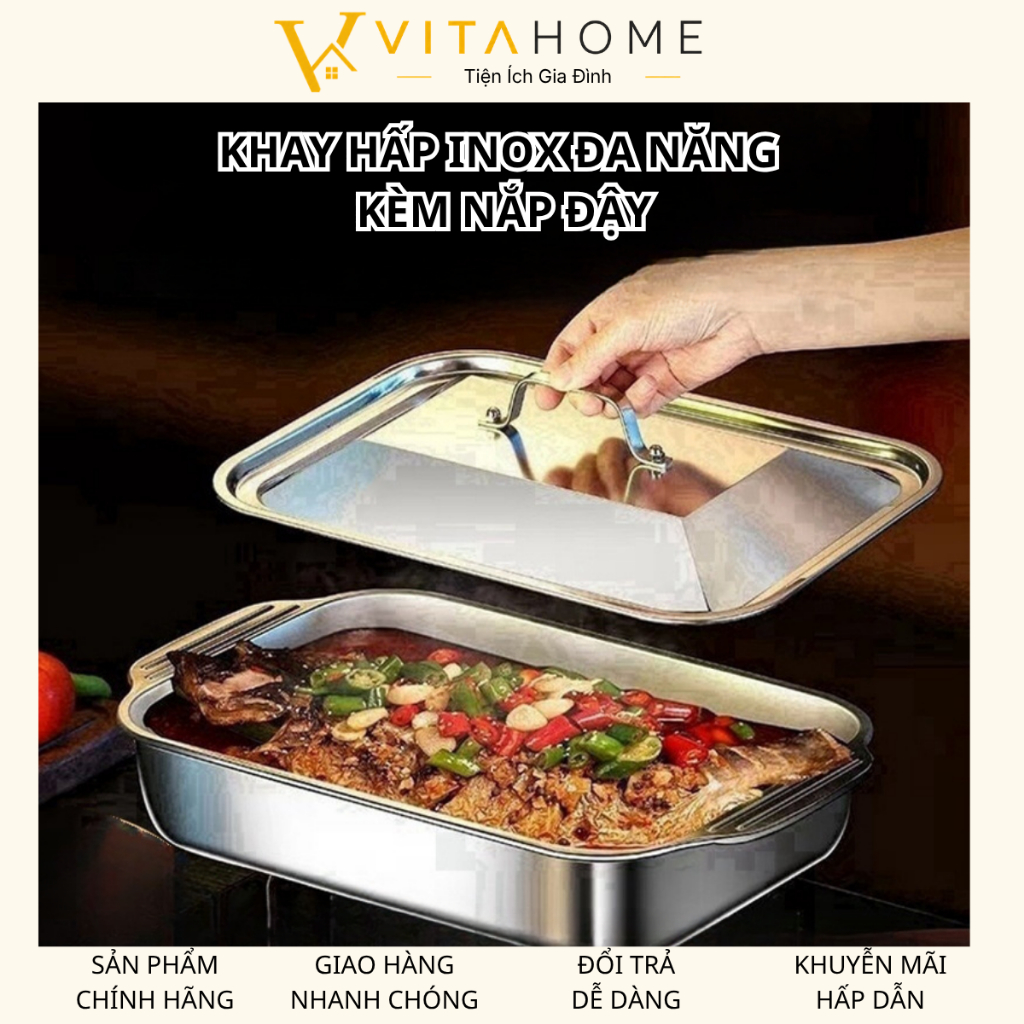 Khay Hấp Inox VITAHOME SUS410 Có Nắp, Khay Đa Năng Hấp Nướng Dùng Cho Bếp Từ, Bếp Gas
