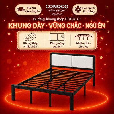 Giường sắt CONOCO khung thép chắc chắn đầu bọc êm phòng ngủ 100-180cm màu đen