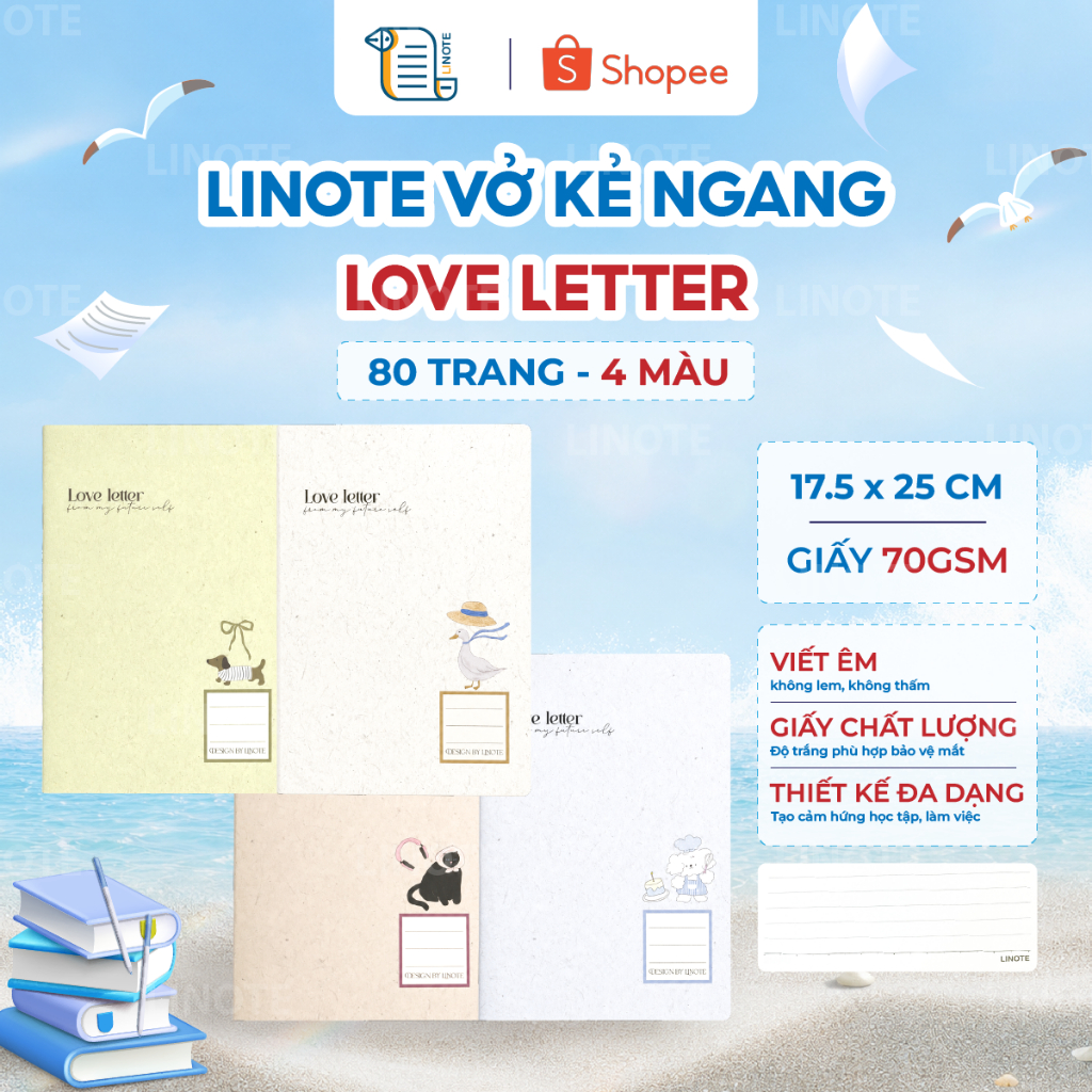 LINOTE Vở kẻ ngang LOVE LETTER dòng kẻ ngang 80 trang, định lượng 70gsm, vở ghi chép, vở học sinh
