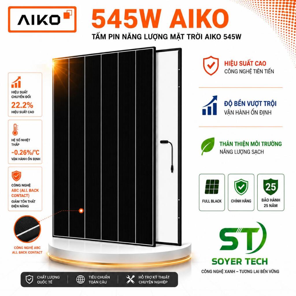 Tấm Pin Mặt Trời AIKO 545W Chính Hãng | N-Type ABC | Dual Glass | Khung Đen | AIKO-A545-MCE60Mw