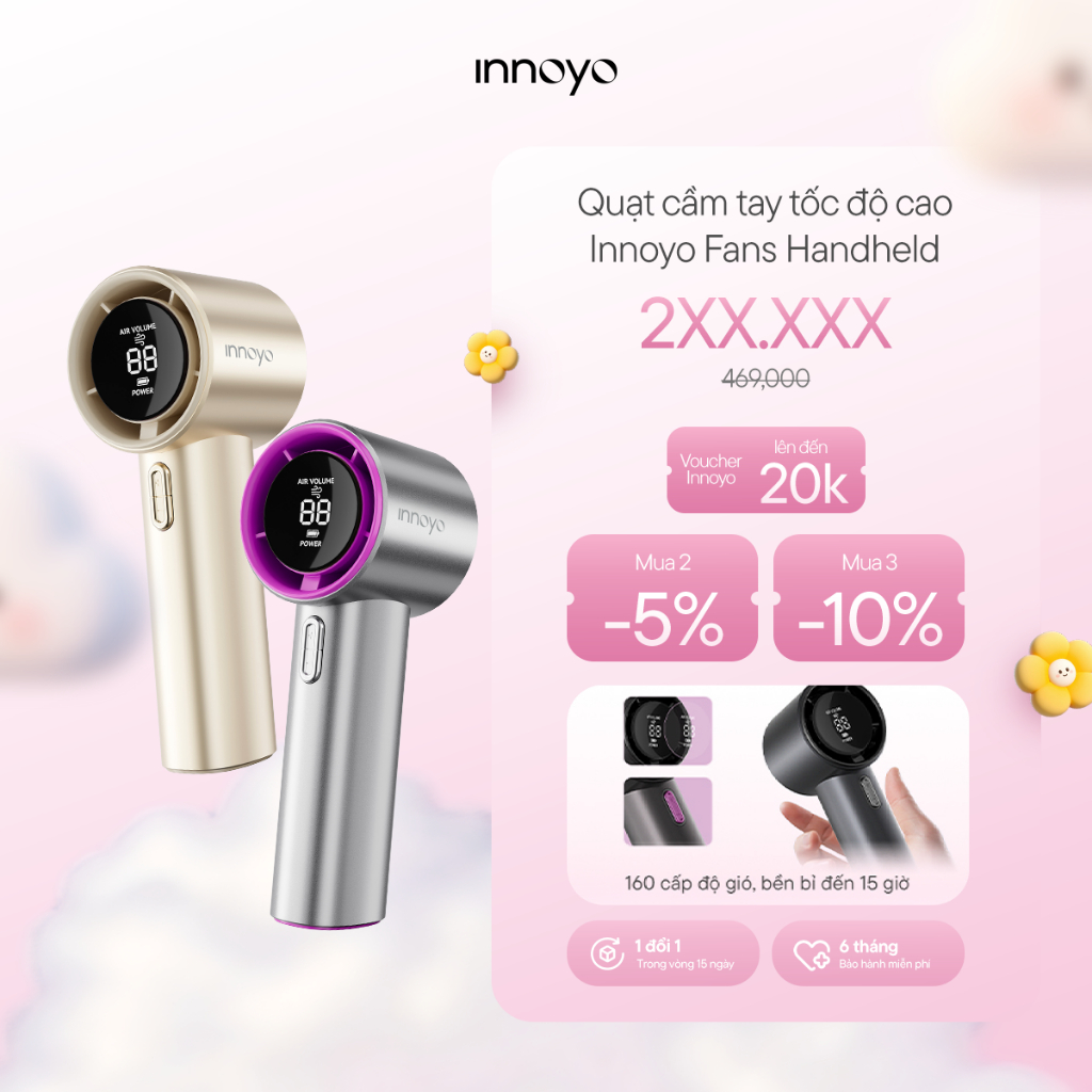 Quạt cầm tay Innoyo Handheld - 160 cấp độ gió, sử dụng đến 15 giờ - Bảo hành 6 tháng - Tặng dây đeo