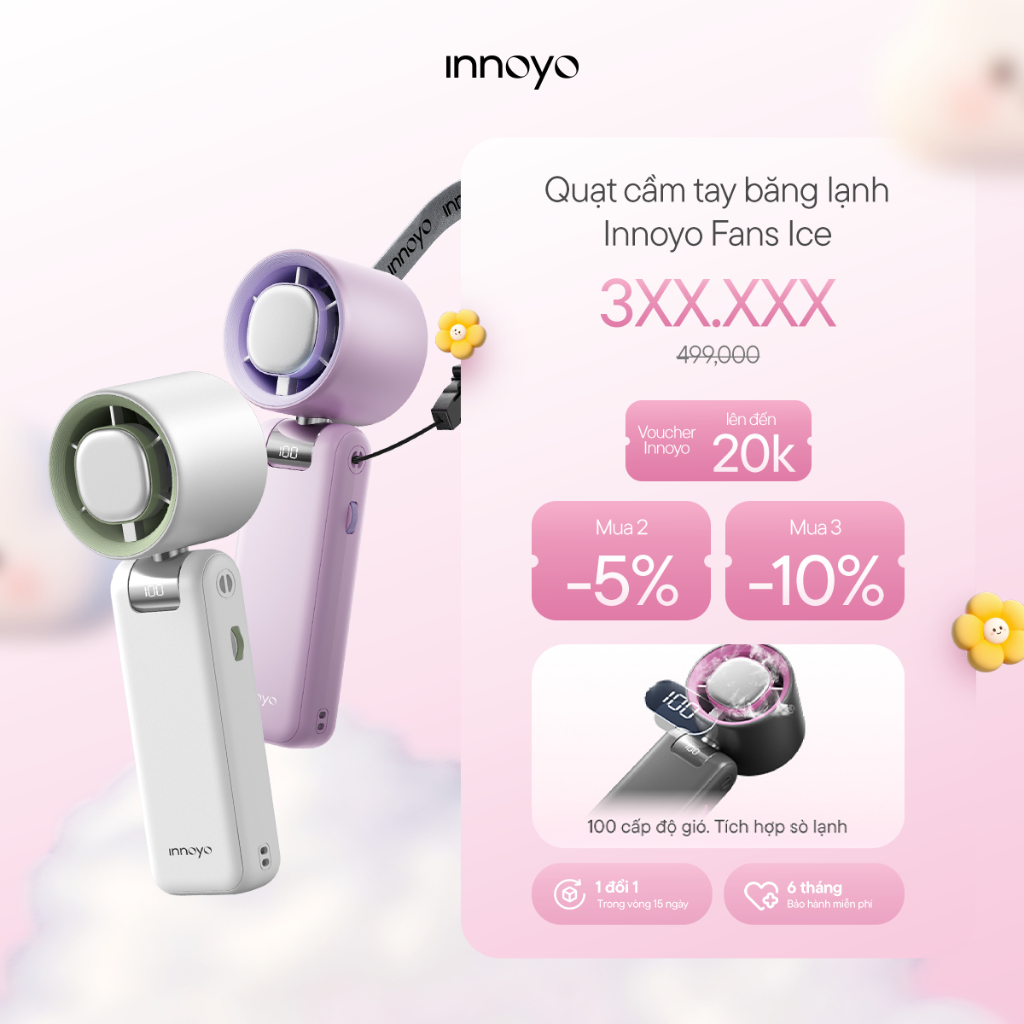 Quạt cầm tay Innoyo Fans Ice - 100 cấp độ gió, gập linh hoạt 180 độ, tích hợp sò lạnh - Bảo hành 6 t