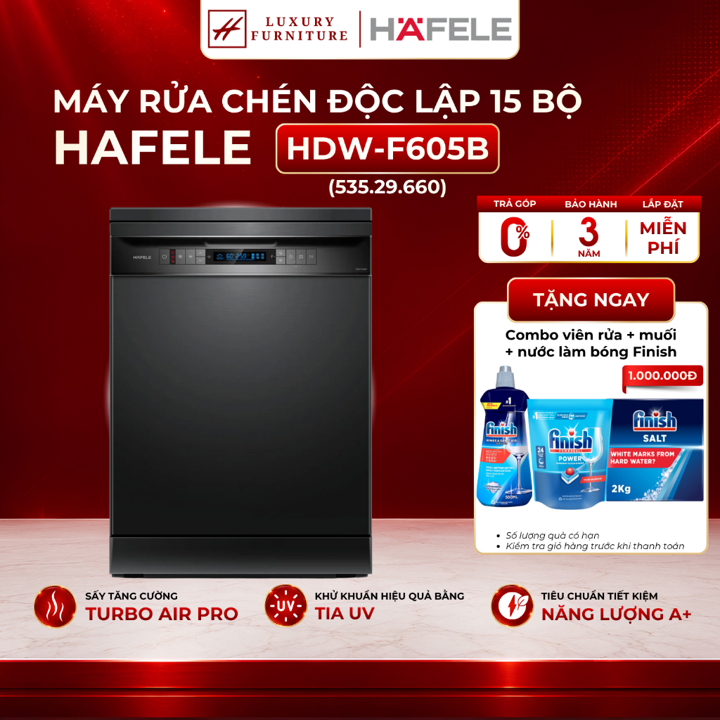[Miễn phí lắp đặt + Tặng viên rửa] Máy rửa chén Hafele HDW-F605B (535.29.660) BH chính hãng