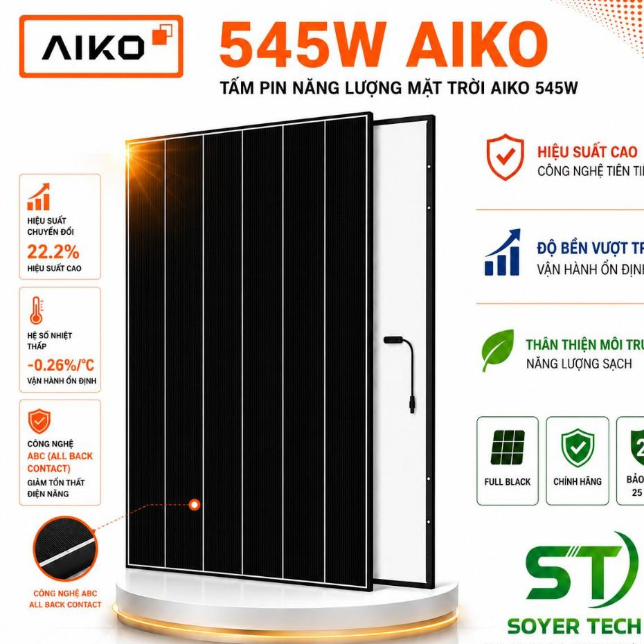 Tấm Pin Năng Lượng Mặt Trời AIKO 545W Chính Hãng Loại A | N-Type ABC | Hai Mặt Kính Dual Glass | Hiệ