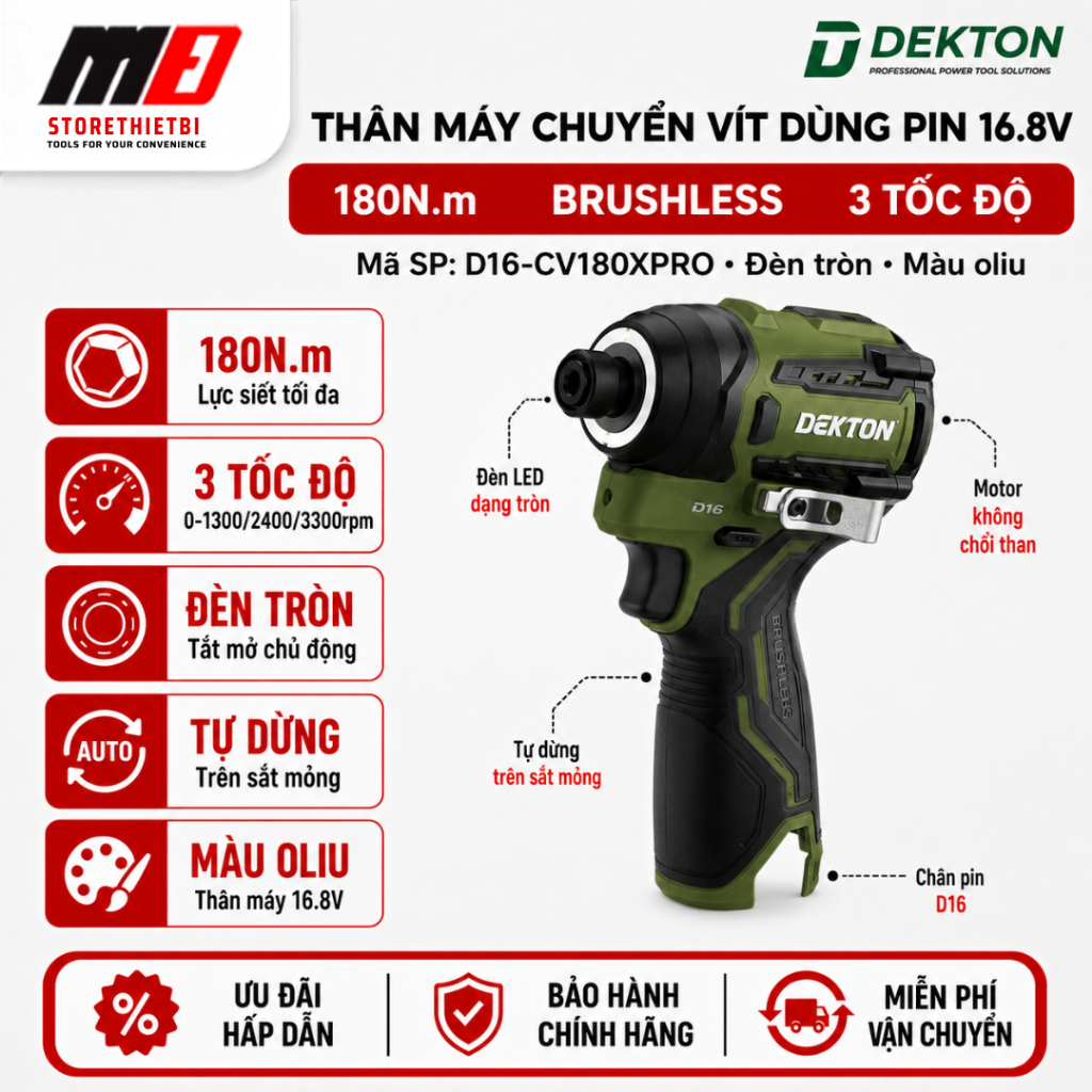 Thân Máy Chuyên Vít Dekton D16-CV180XPRO 16.8V Brushless 180Nm 3 Cấp Tốc Độ