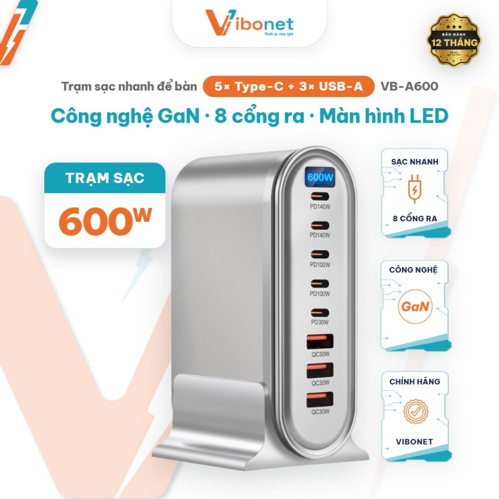 Trạm sạc nhanh Vibonet 600W 8 cổng ra Công nghệ GaN Công Suất Cao Có Màn Hình | Chính hãng VB-A600