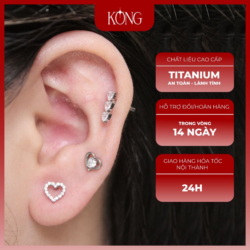 Mặt Khuyên Đính Đá Cubic Zirconia Cao Cấp Titan F136 Hình Trái Tim Chống Kích Ứng Unisex | KONG