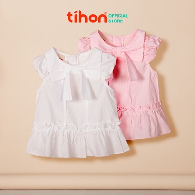 Áo bé gái TIHON cao cấp áo sơ mi chất thô thiết kế cổ nơ tiểu thư Hàn Quốc phối tay bồng AK0744304