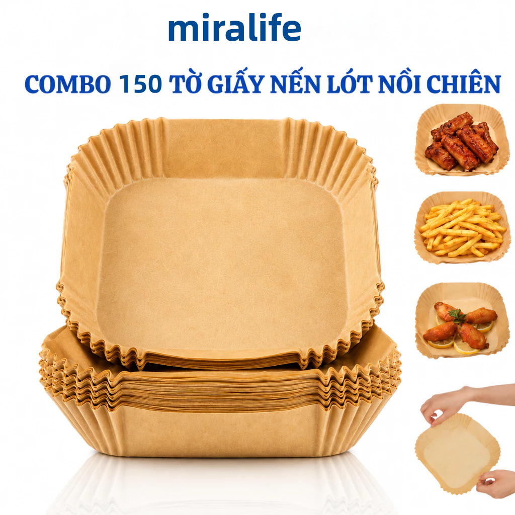 miralife Combo 150 giấy lót nồi chiên ko dầu, giấy nến nồi chiên không dầu, giấy nến nướng bánh vuông