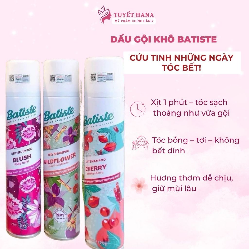 Dầu Gội Khô Batiste Sạch Dầu Nhờn, Hết Ngứa, Thơm Bồng Bềnh Tức Thì - Batiste Dry Shampoo 200ml