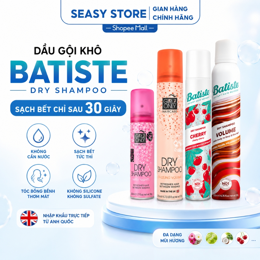 Dầu gội khô Batiste Dry Shampoo-Dầu gội Girlz Only không silicone mini dạng xịt hết bết dính tóc|SEA