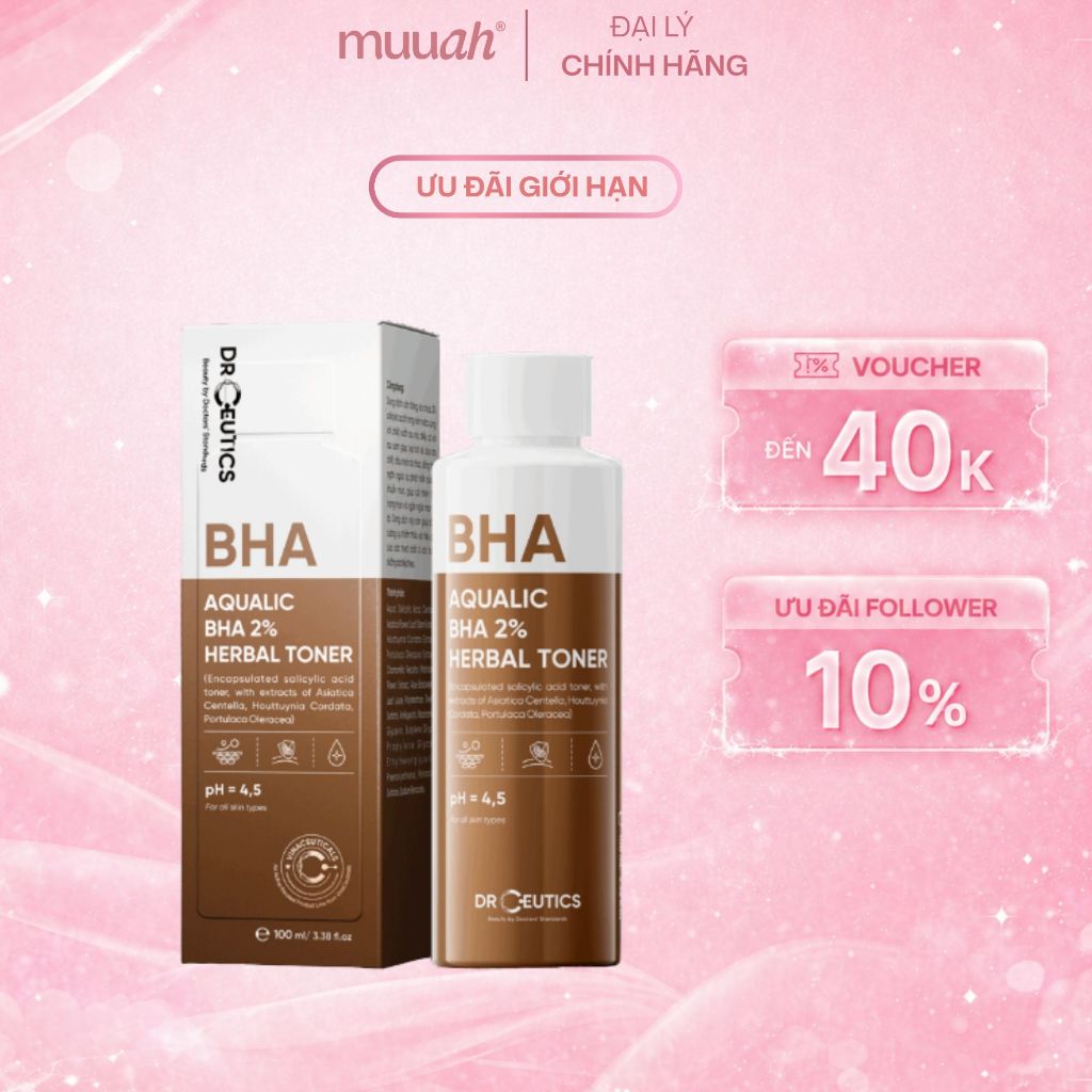 Toner BHA 2% Giúp Giảm Mụn và Thông Thoáng Lỗ Chân Lông - DrCeutics Aqualic BHA 2% Herbal Toner 100m