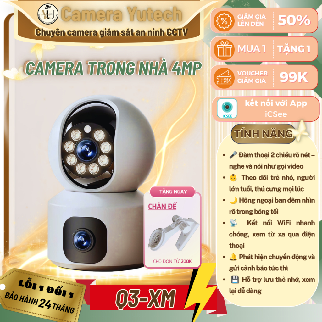 Camera giám sát iCSee Q3-XM - Xem cung lúc 2 khung hình - đàm thoại 2 chiều -xoay 360 độ