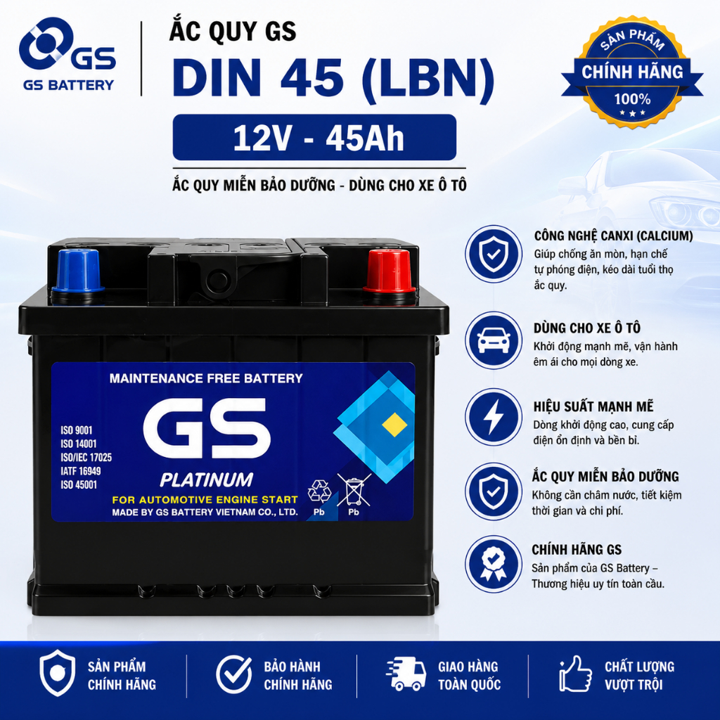 Bình ắc quy 12v khô ô tô gs CMF DIN45 [LBN] 12V-45ah, chuyên sài cho ô tô