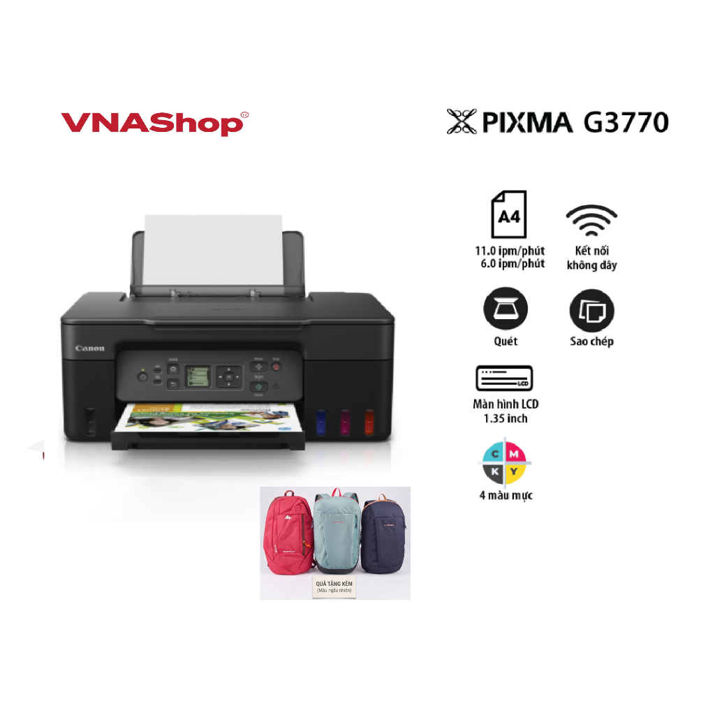 [GIFT] Canon G3770 Máy in phun có sẵn hệ thống mực in liên tục, in, scan, copy, wiffi, in màu A4/A5-