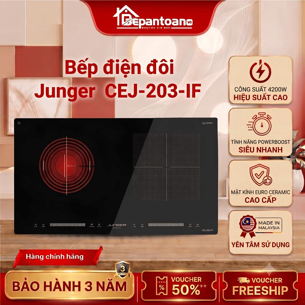 Bếp điện đôi Junger CEJ-203-IF - 2 vùng nấu, cảm ứng nhạy, mặt kính cao cấp, an toàn, tiết kiệm điện
