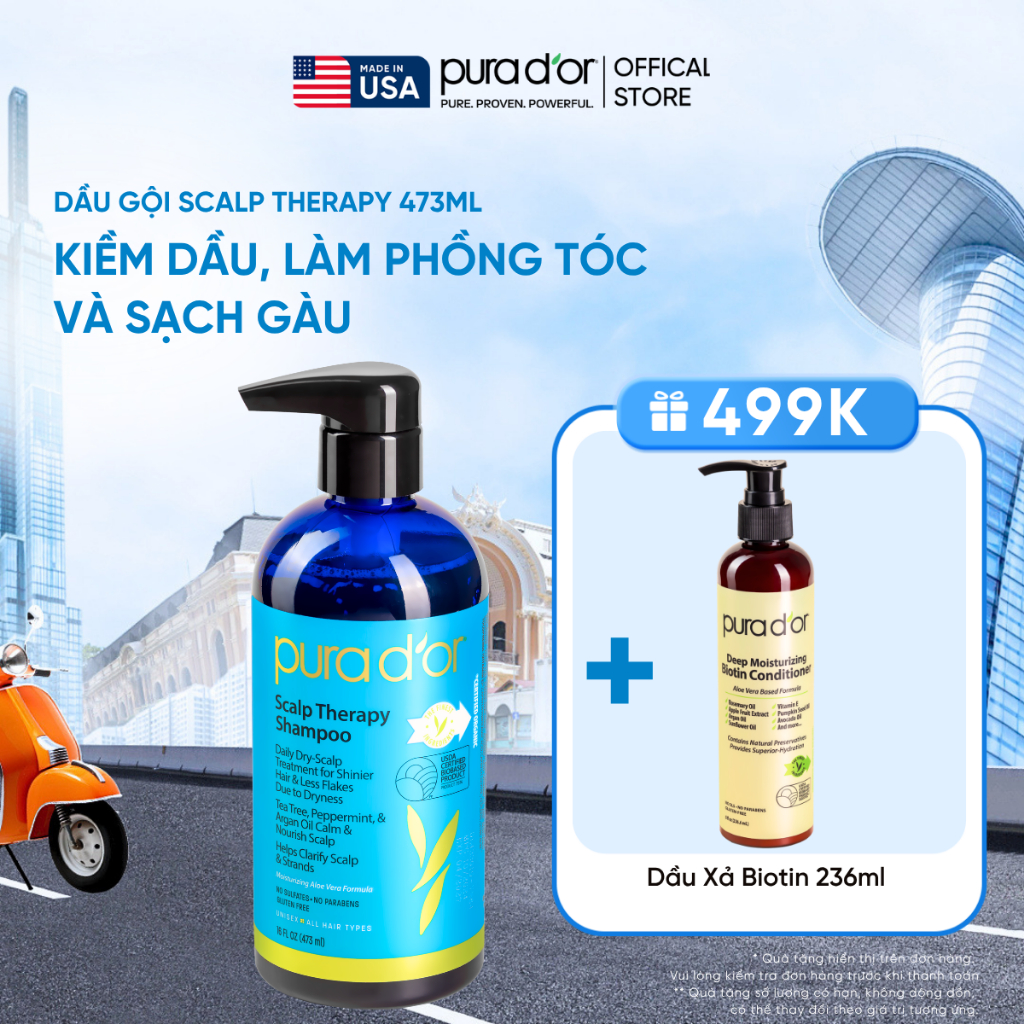 Dầu Gội Kiềm Dầu, làm phồng tóc và sạch gàu Pura D'or Scalp Therapy 473ml