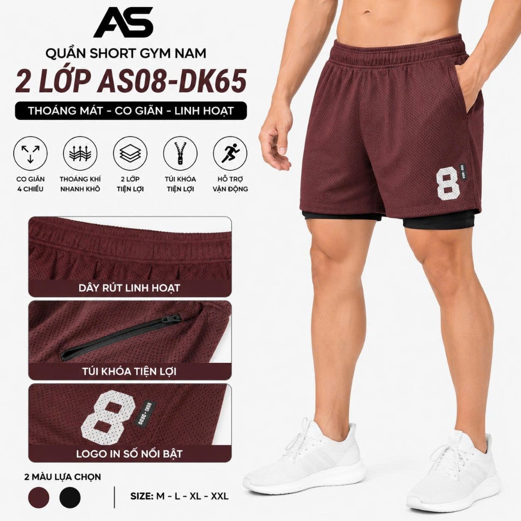 Thanh lý quần Short gym nam 2 lớp AS08-DK65 cao cấp