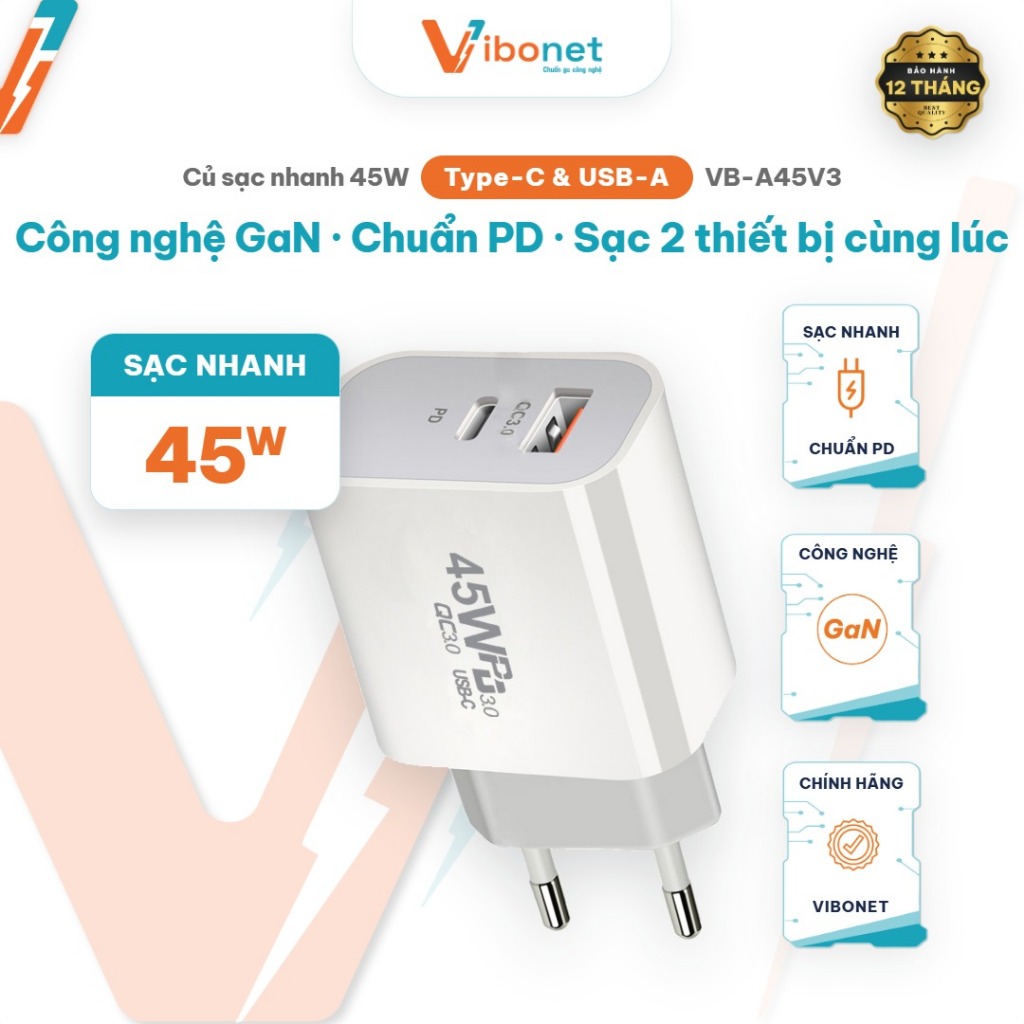 Củ sạc nhanh Vibonet 45W Chuẩn PD 2 Cổng TYPE-C & USB-A Công nghệ GaN | Chính hãng VB-A45V3