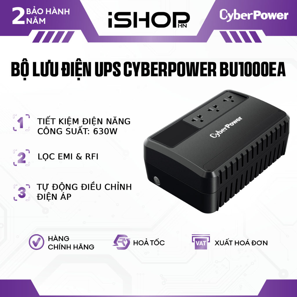 Bộ Lưu Điện UPS Cyberpower BU1000EA (1000VA) công suất 630W dùng Cho PC, BH 2 năm - Hàng chính hãng

