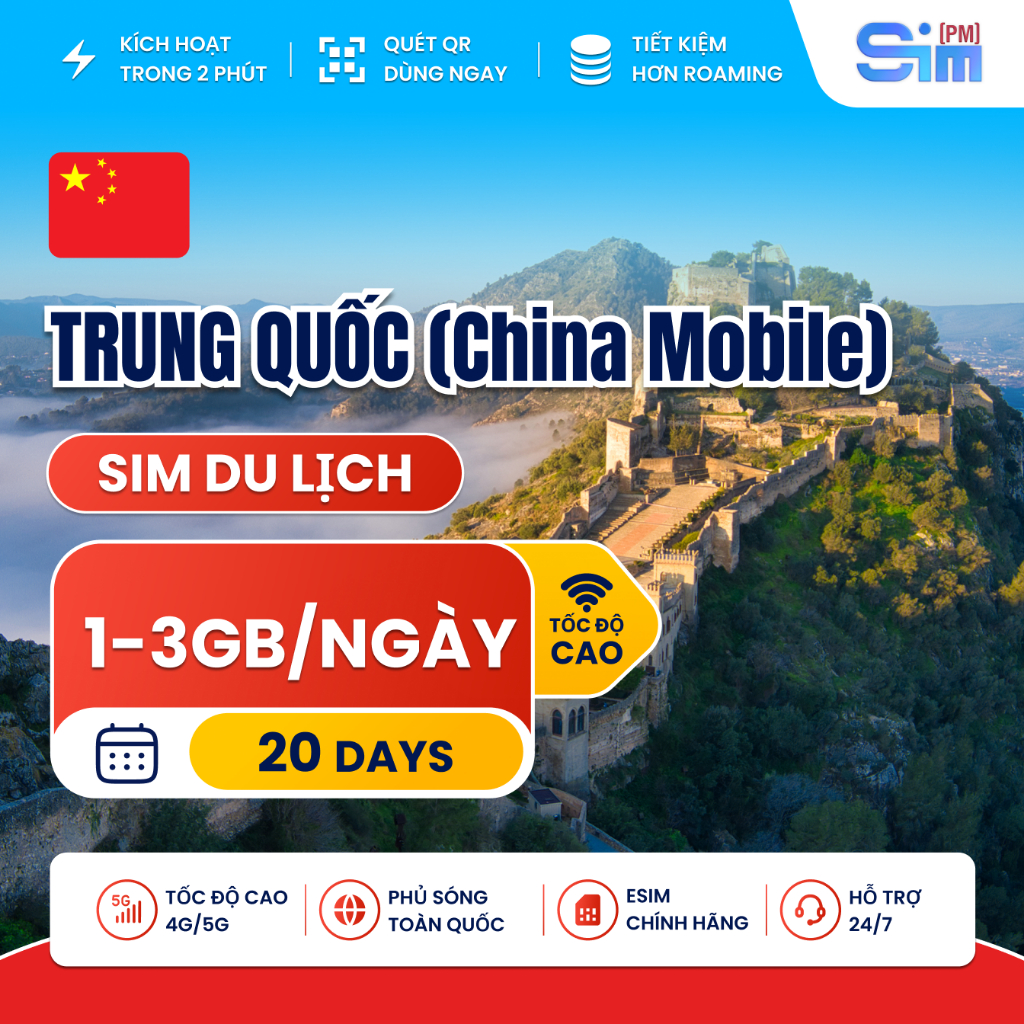 Sim du lịch Trung Quốc 20 ngày nhà mạng China Mobile