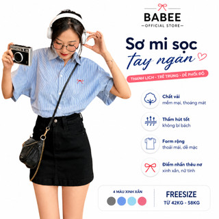 Áo Sơ Mi Nữ BABEE Form Rộng Tay Ngắn Chất Kate Hàn Kẻ Sọc Basic Thêu Nơ, Ngựa Trẻ Trung Xinh Xắn