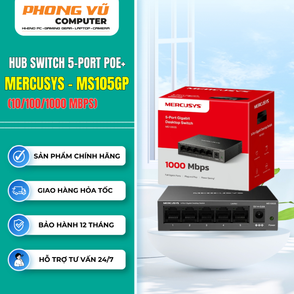 HUB SWITCH 5 PORTS PoE+GIGABIT MERCUSYS - MS105GP