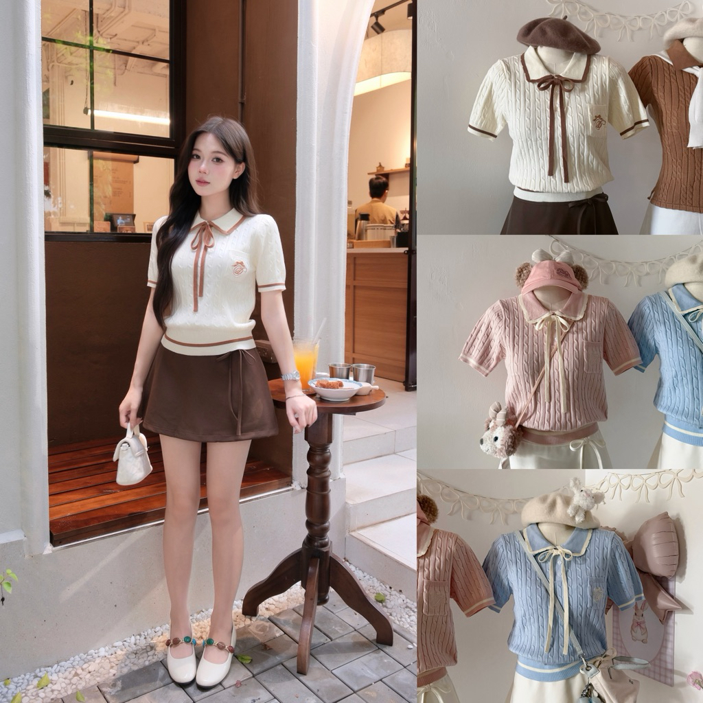 [ ẢNH THẬT ] NAMI TOP - ÁO POLO LEN CỔ VIỀN BÈO PHỐI NƠ NỮ TÍNH TÚI NGỰC THÊU LOGO sweater.daoathu