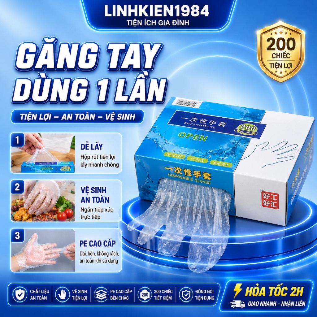 [ Hộp 200 Chiếc ] Găng Bao Tay Nilon Dùng 1 Lần Tiện Lợi Disposable Gloves 200pic