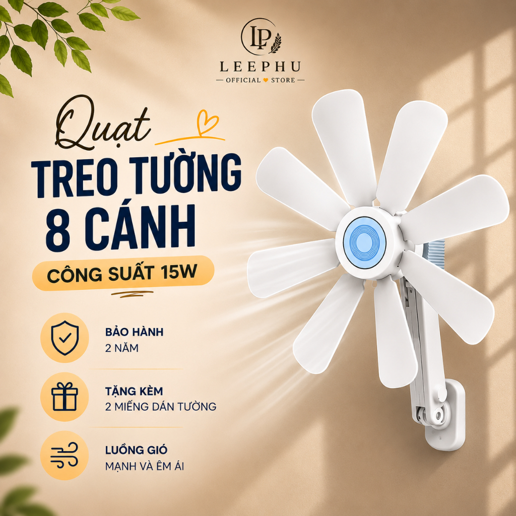 [BH 2 Năm] Quạt Treo Tường Cắm Điện Xoay 360° 8 Cánh 15W Gắn Nhà Vệ Sinh Nhà Bếp Quạt Dán Tường Mini