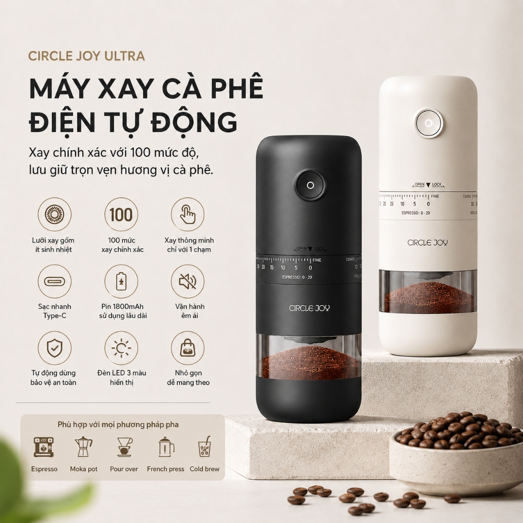 Circle Joy Ultra Máy Xay Cà Phê Điện 100 Mức Xay Burr Gốm Type-C Pin 1800mAh