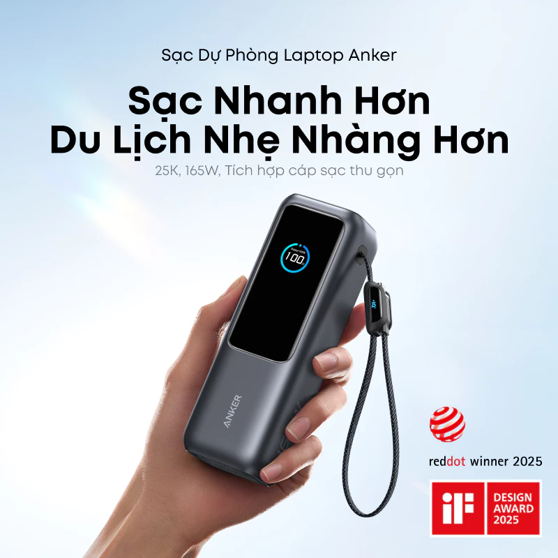 Sạc Dự Phòng Anker A1695 Zolo 165W 25000mAh Sạc Nhanh Cáp Rút - Bảo Hành Chính Hãng 18 Tháng