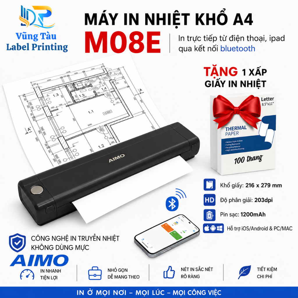 Máy In A4 Di Động Không Mực AIMO M08F/M08E/M831 Bluetooth USB In Từ Điện Thoại Laptop PC Nhỏ Gọn