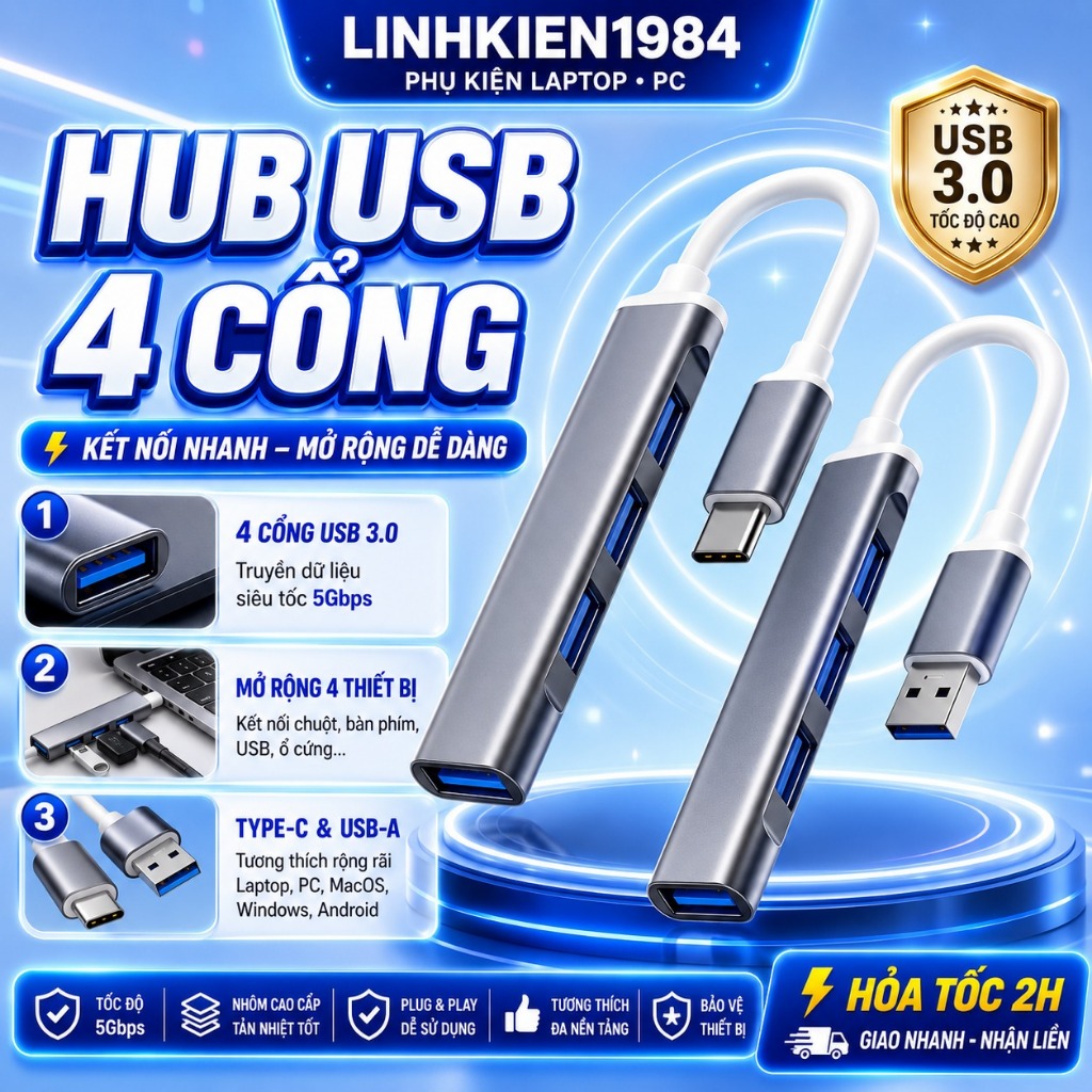 Hub Type C và hub Usb tốc độ cao tăng cổng chia usb mở rộng kết nối chuyển đổi cho laptop táo Laptop