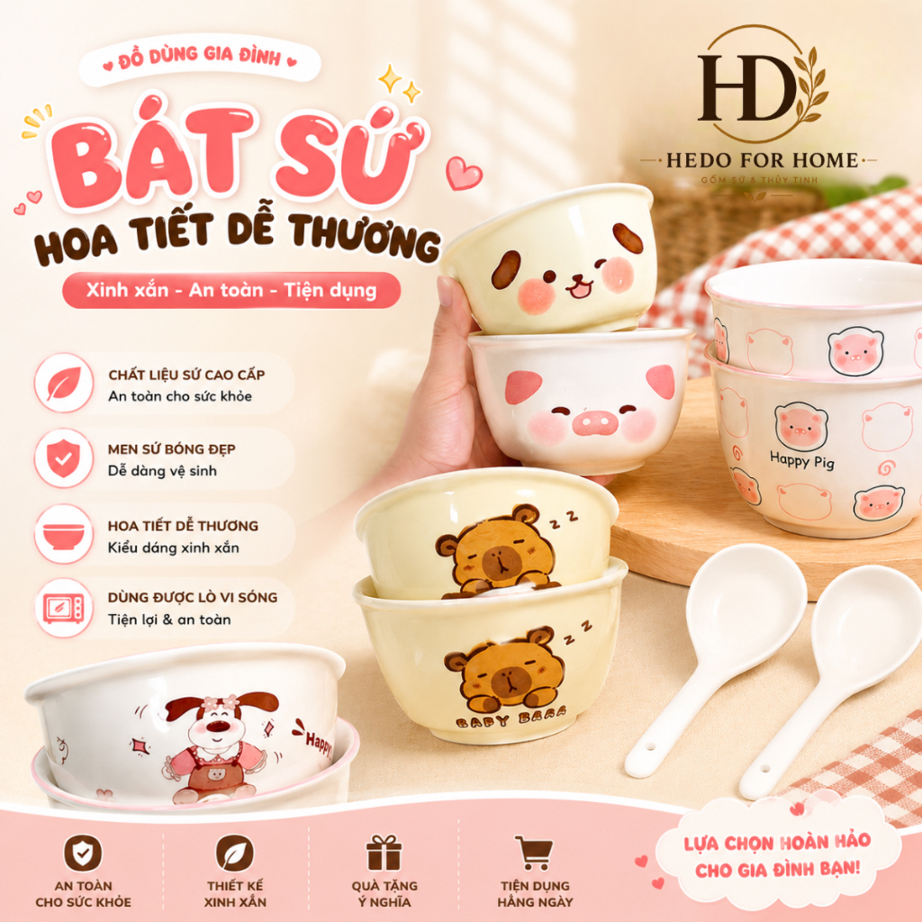 [2 BÁT 2 THÌA] Bộ 2 Bát Sứ kèm 2 THÌA Nhiều hình cute, set bát sứ dễ thương kèm thìa cho cặp đôi