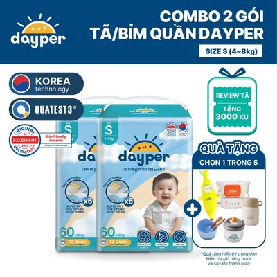 Combo 2 gói tã/bỉm quần Dayper S60/M58/L52/XL50/XXL46-Super Hive Dry thấm hút gấp 6 lần