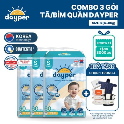 Combo 3 gói tã/bỉm quần Dayper S60/M58/L52/XL50/XXL46-Super Hive Dry thấm hút gấp 6 lần