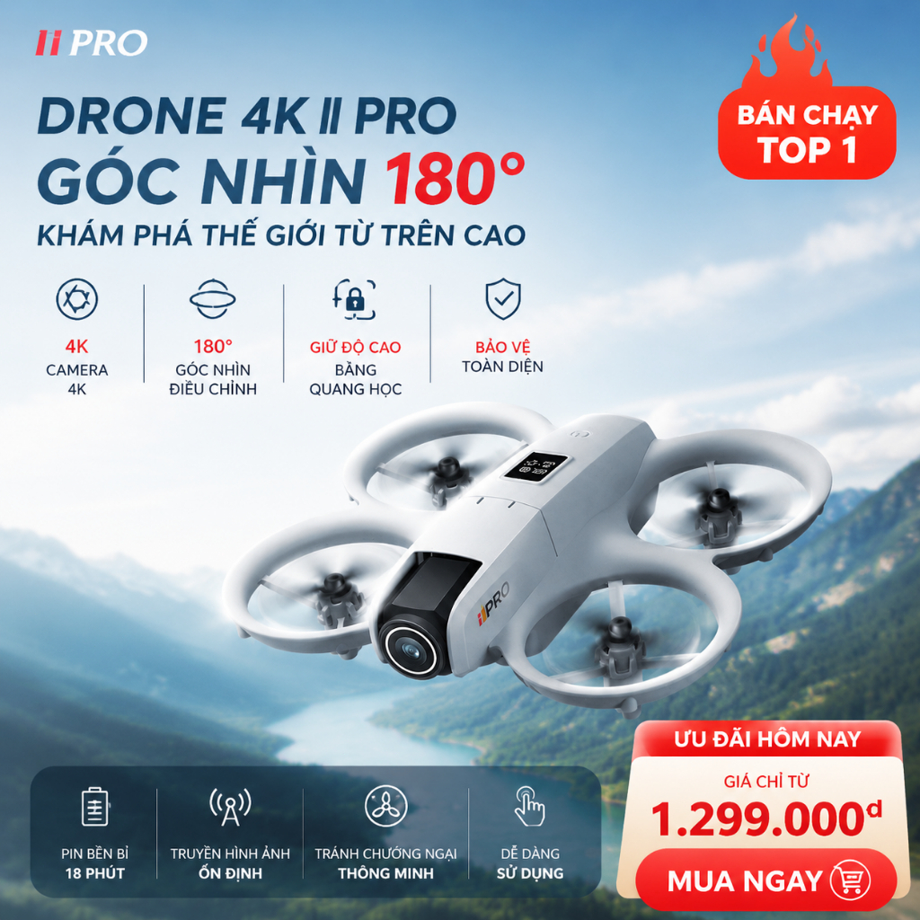 i1PRO Flycam - Camera Kép HD Cực Nét, Có Đèn LED, Chế Độ Bay Lơ Lửng Định vị quang học Quà Tặng Cho 
