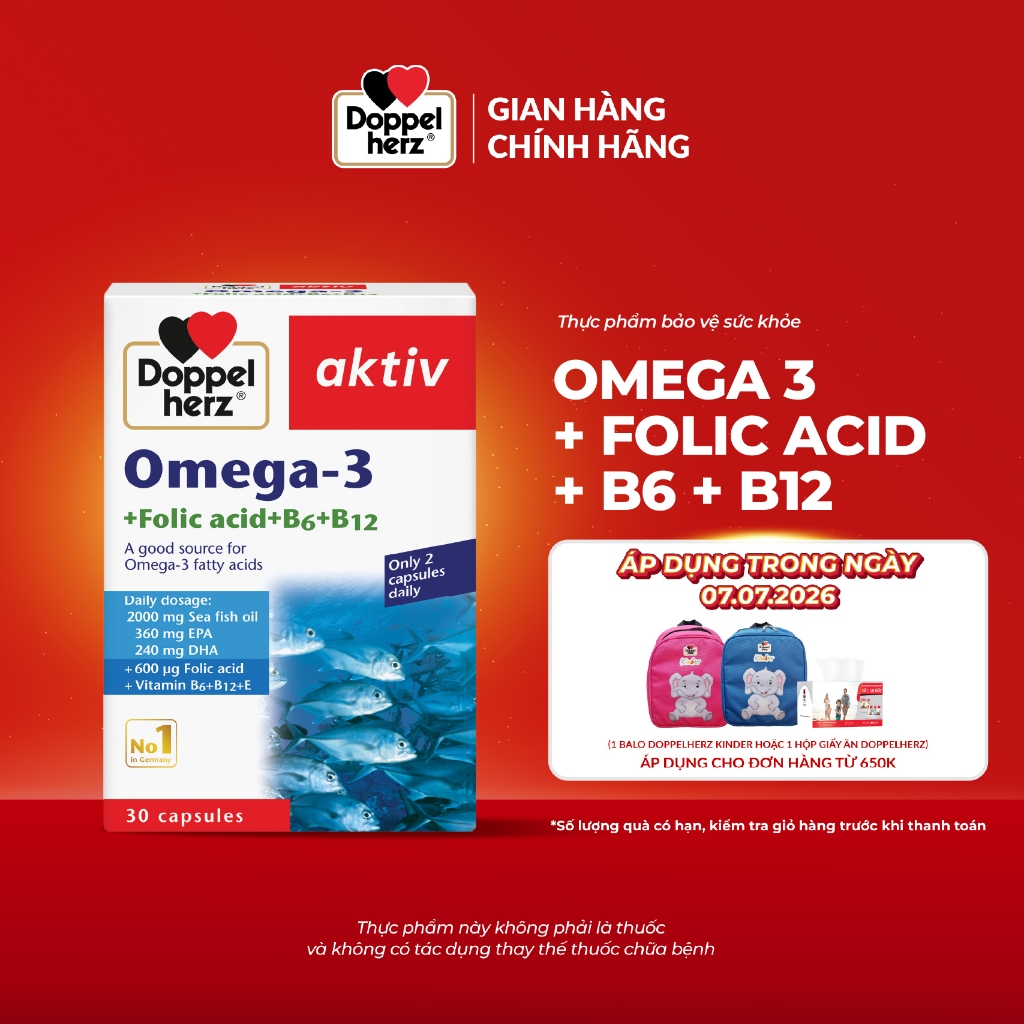 Viên dầu cá Doppelherz Omega 3 + Folic acid + B6 + B12 hỗ trợ tăng cường thị lực, tim mạch và não bộ (Hộp 30 viên)