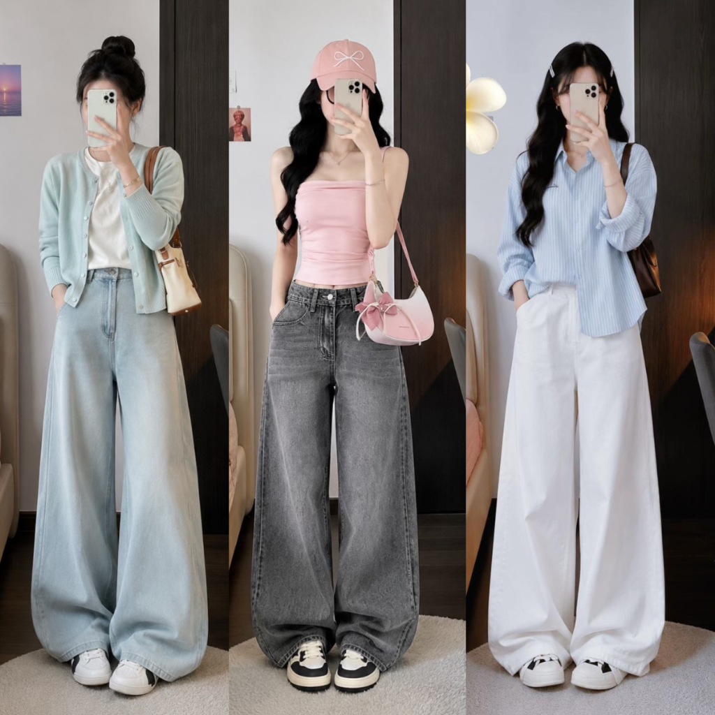 Quần Jean Trắng Nữ MIAA ống Rộng 33cm DÀI 98-104cm cạp cao chất Jean mềm dày dặn đầy đủ size S-XL