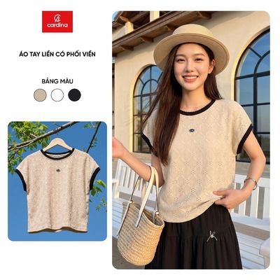 Áo thun nữ CARDINA vải thun họa tiết cổ tròn tay liền phối viền 6ATC27