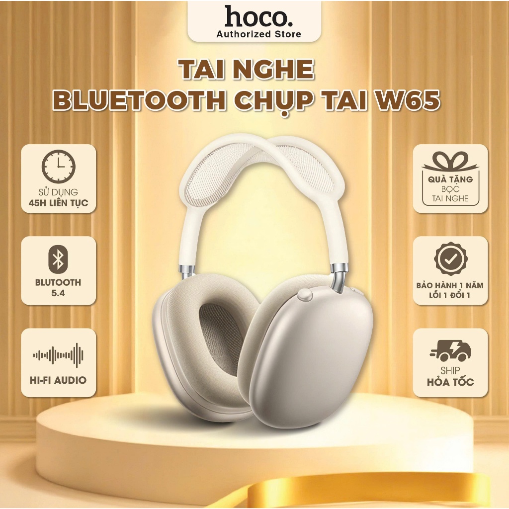 [Tặng bọc da cao cấp] Tai nghe chụp tai Bluetooth W65 Hoco - 45h Pin - Không dây, cắm dây - chống ồn