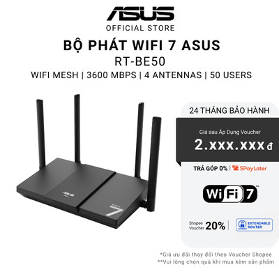 Bộ phát Wifi 7 Asus RT-BE50 | 4 Antennas | 2.4GHz - 5GHz | 4 Gates | Cloud Gaming | 4K/8K Video