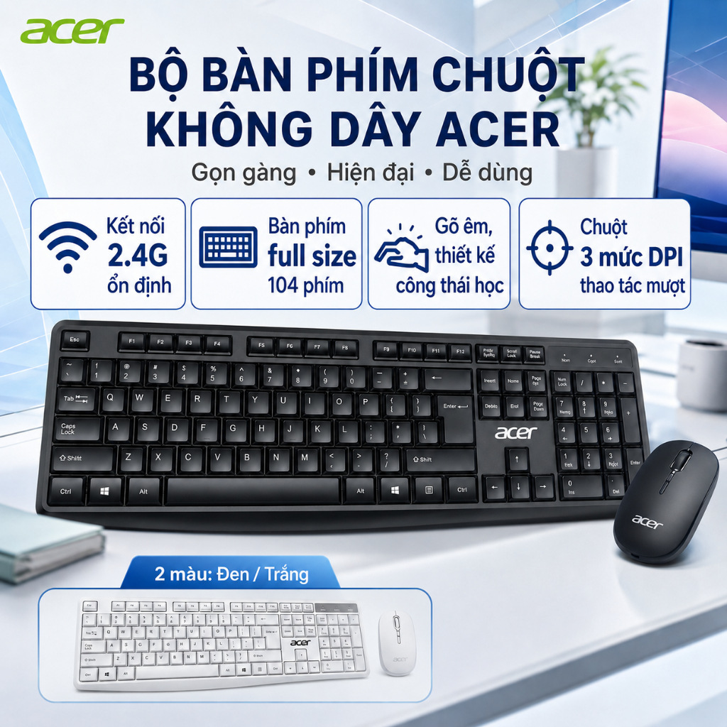 Bộ Bàn Phím Chuột Không Dây Acer KM41-2K 2.4G Siêu Mỏng | 104 Phím Chống Nước,Chuột Chống Ồn Công Th