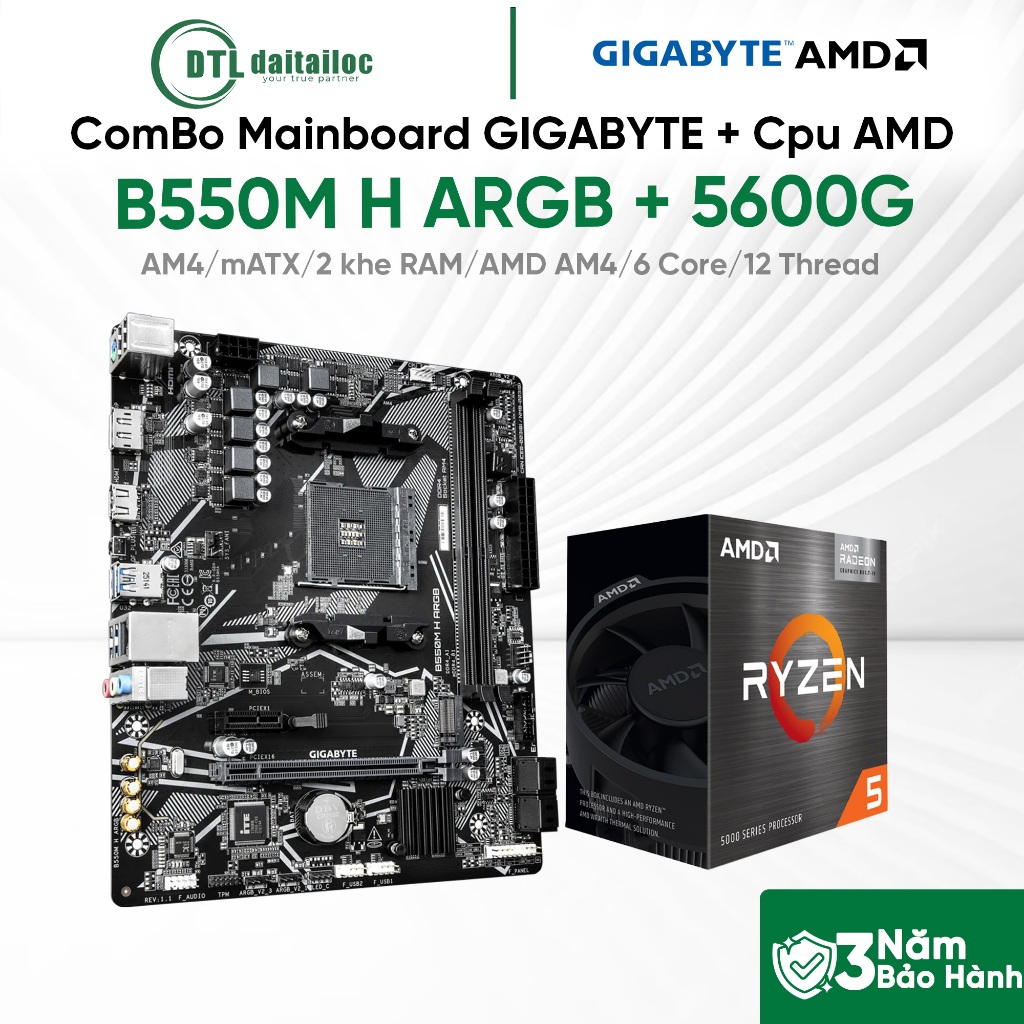 ComBo Mainboard GIGABYTE B550M H ARGB + Cpu AMD Ryzen 5 5600G | Chính Hãng | Bảo Hành 36 Tháng