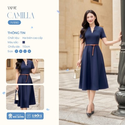 Váy Thiết Kế Nữ YAME Cổ V Cách Điệu Dáng Dài 110cm, Form Xòe Rộng, Túi Sườn Tặng Kèm Đai Dây, Thanh Lịch- CAMILLA YV990