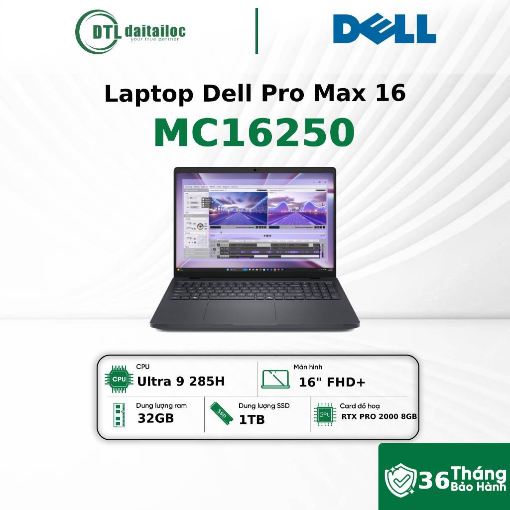 Laptop Dell Pro Max 16 MC16250 Ultra 9 285H RAM 32GB 1TB RTX PRO 2000 Blackwell 8GB 16" FHD+ Linux |