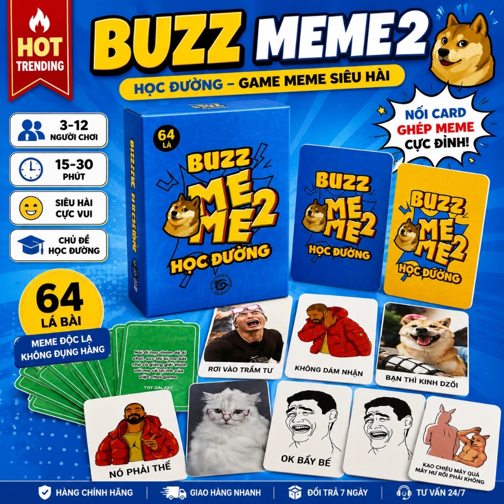 Trò Chơi Board Game Buzz Meme 2 Học Đường 64 Lá - Bộ Bài Giải Trí Đồ Chơi Thẻ Bài Meme Vui Nhộn Cho 