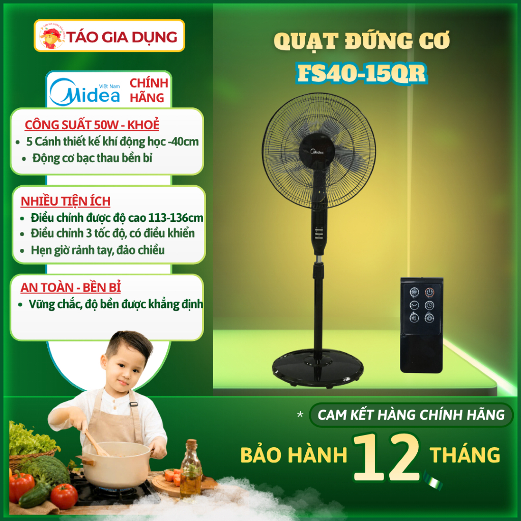 Quạt cây, quạt đứng Midea FS40-15QR - Sang trọng, quạt êm, gió đầy, ổn định, động cơ bền bỉ